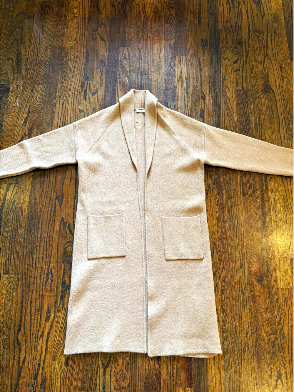 Mango MNG Camel Knit Open Front Pocket Coatigan Sweater Collared Long Sleeve XS
